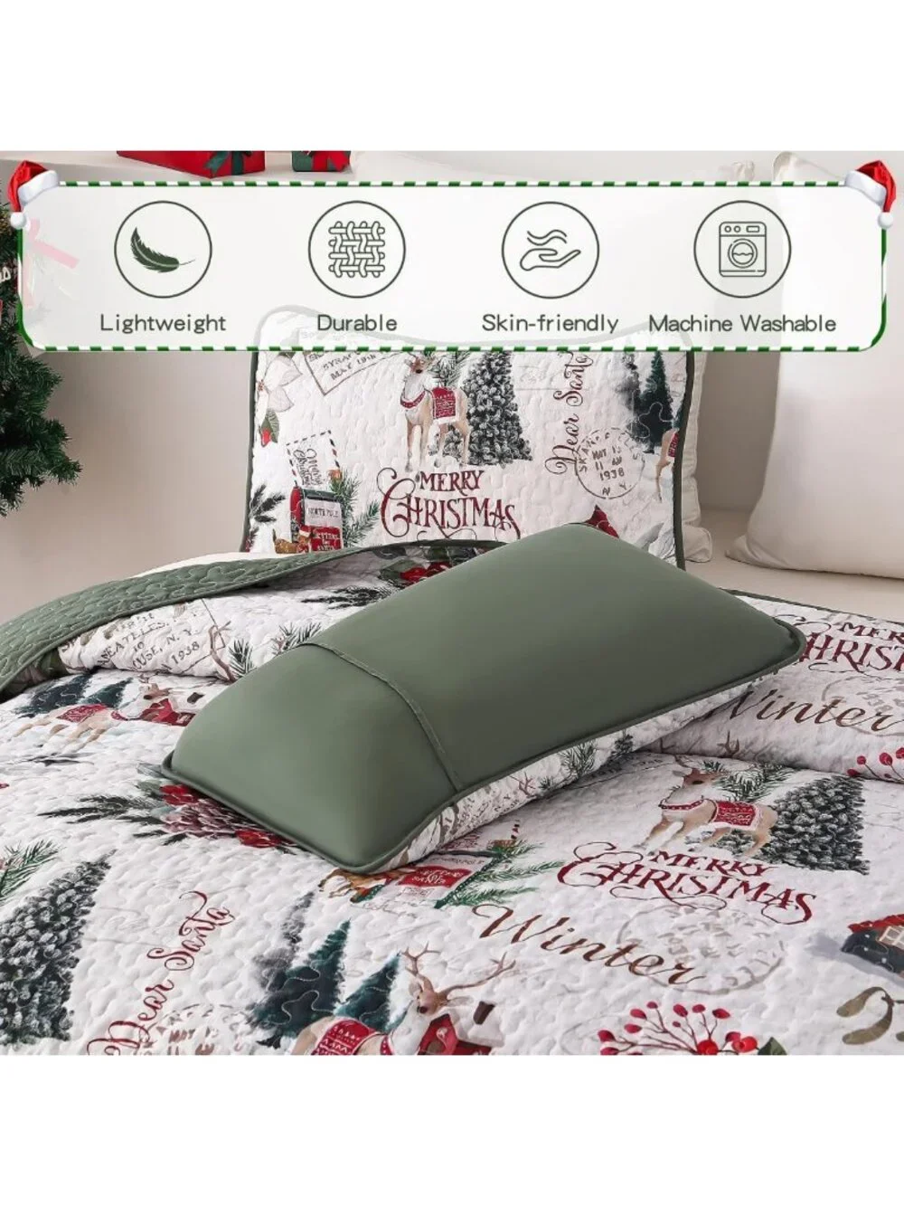 Cozy Christmas Quilt Set Queen - Festive Xmas Tree & Reindeer Bedding Decor